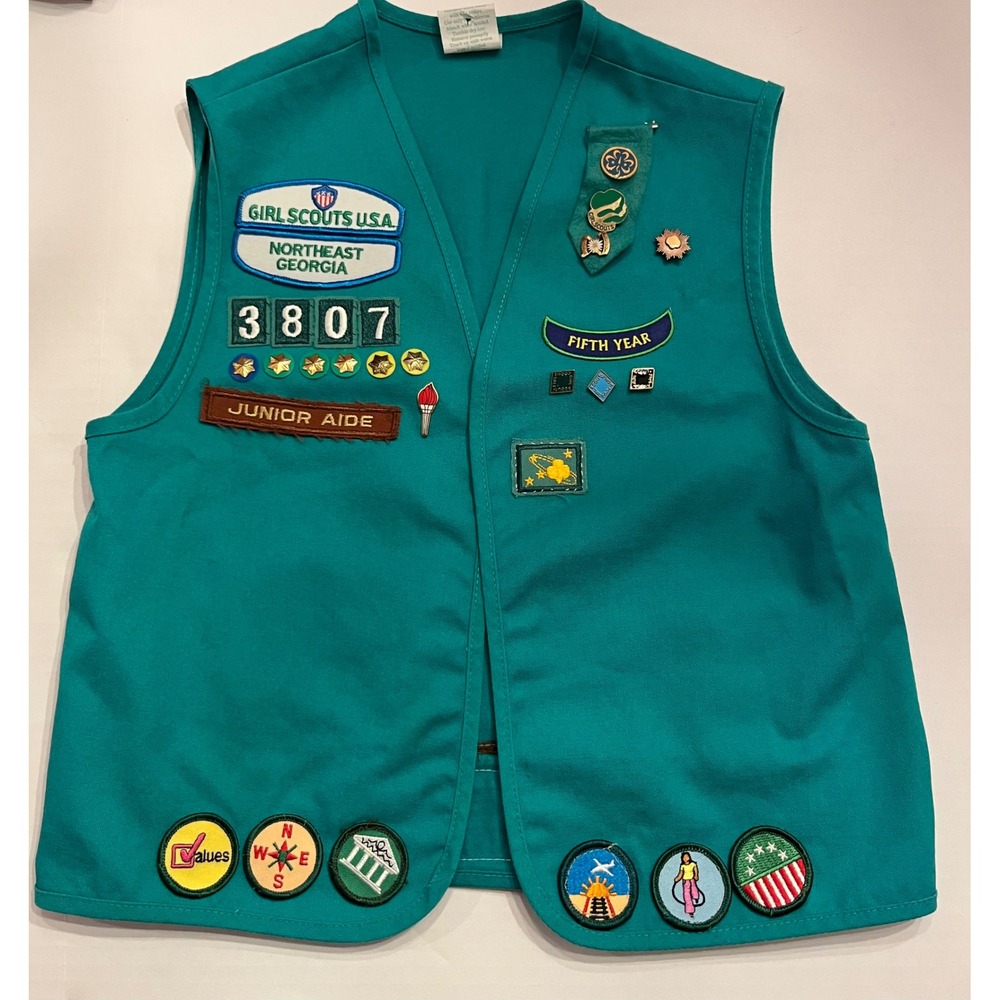 Vintage Girl Scouts USA Junior Vest Teal Green Troop 3807 Patches Pins M-REG